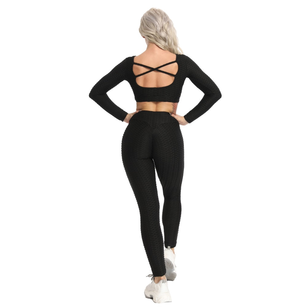 2 Pcs Abstract Print With High Waist Leggings And Long Sleeves Crop Top.