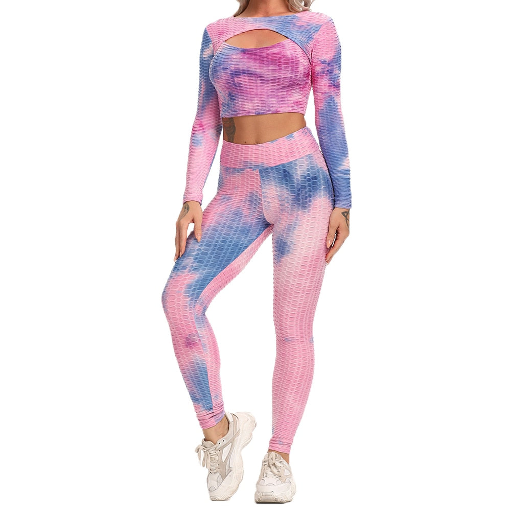 2 Pcs Abstract Print With High Waist Leggings And Long Sleeves Crop Top.