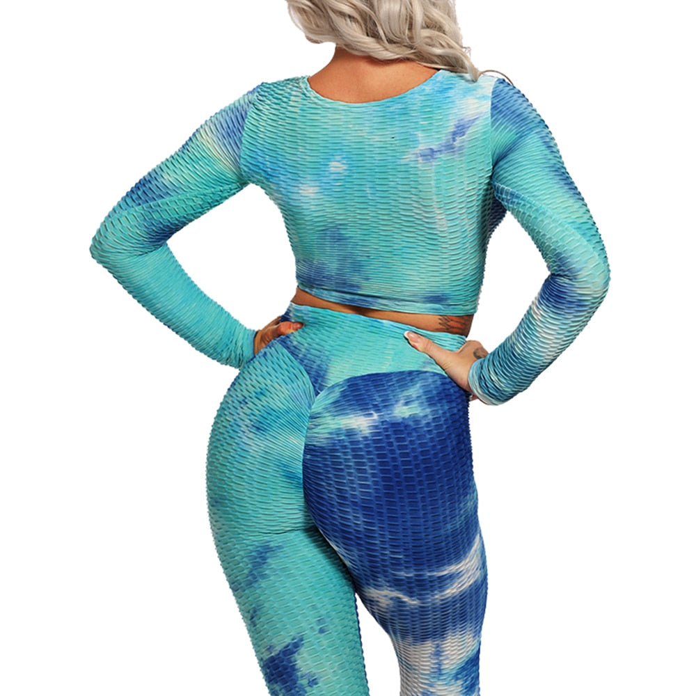 2 Pcs Abstract Print With High Waist Leggings And Long Sleeves Crop Top.
