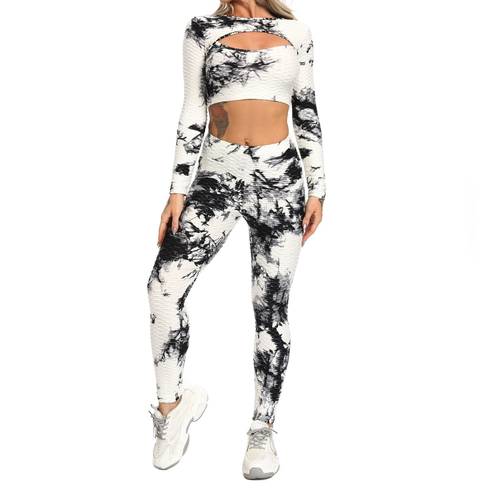 2 Pcs Abstract Print With High Waist Leggings And Long Sleeves Crop Top.