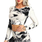 2 Pcs Abstract Print With High Waist Leggings And Long Sleeves Crop Top.