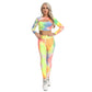 2 Pcs Abstract Print With High Waist Leggings And Long Sleeves Crop Top.