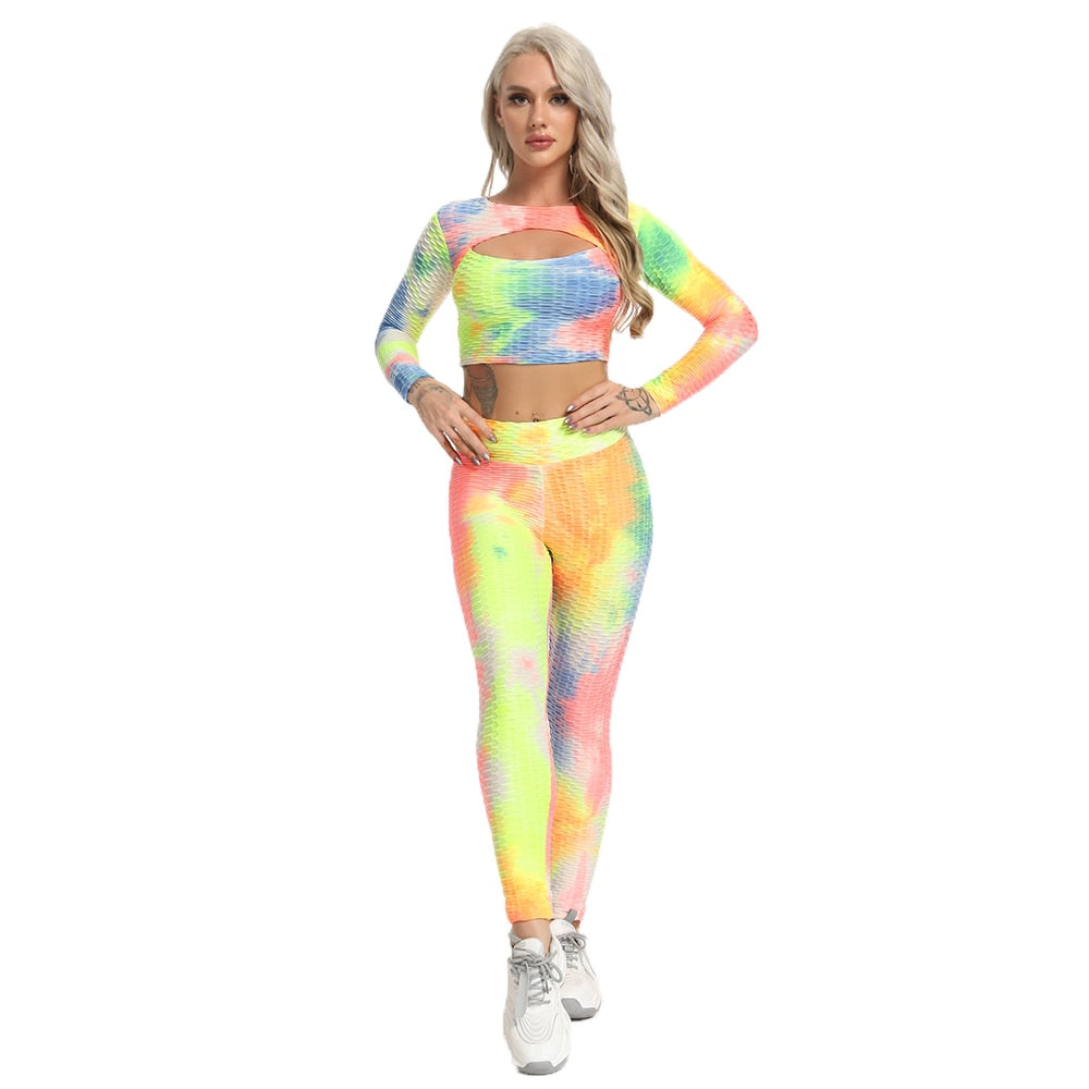 2 Pcs Abstract Print With High Waist Leggings And Long Sleeves Crop Top.