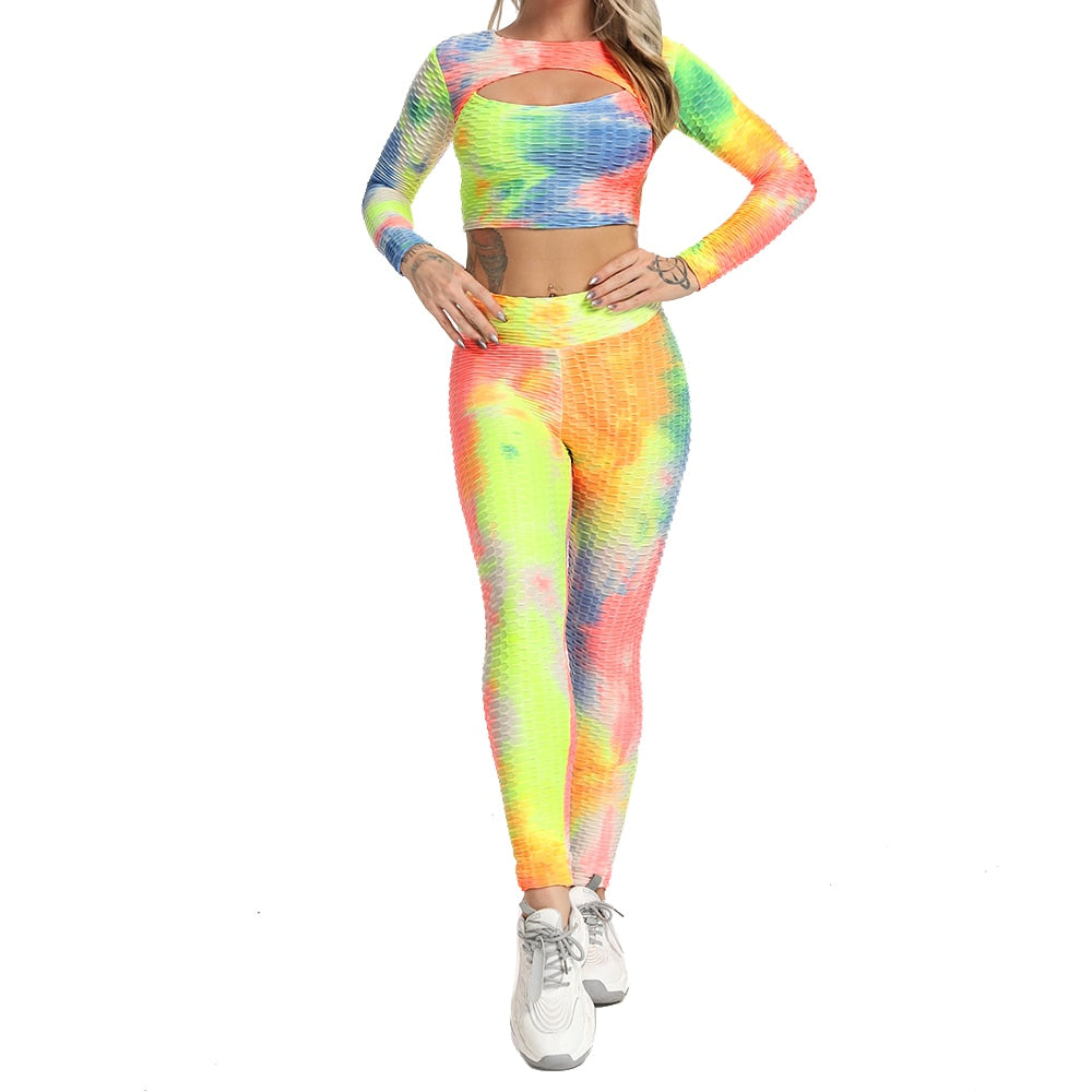 2 Pcs Abstract Print With High Waist Leggings And Long Sleeves Crop Top.