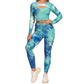 2 Pcs Abstract Print With High Waist Leggings And Long Sleeves Crop Top.